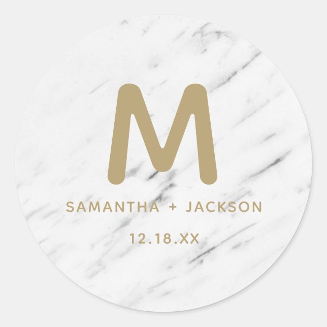 Elegant White Marble & Gold Foil Monogram Wedding Classic Round Sticker (Front)