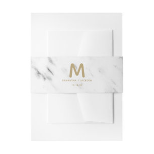 Elegant White Marble & Gold Foil Wedding Monogram Invitation Belly Band