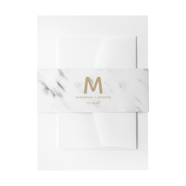 Elegant White Marble & Gold Foil Wedding Monogram Invitation Belly Band (Front Example)