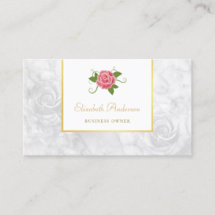 Elegant White Marble Gold Frame and Pink Rose Business Card