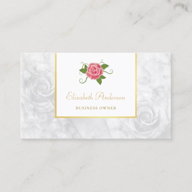 Elegant White Marble Gold Frame and Pink Rose Business Card (Front)