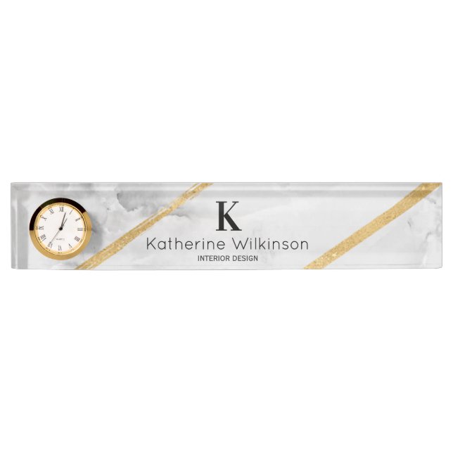 Elegant White Marble Gold Monogram Nameplate (Front)