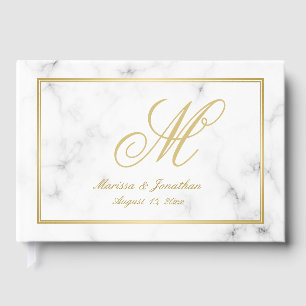 Elegant White Marble Gold Monogram Script Wedding Guest Book