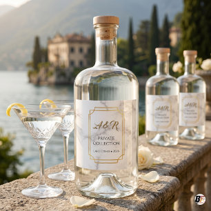 Elegant White Marble Gold Monogram Wedding Liquor Bottle Label
