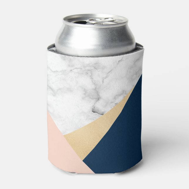 elegant white marble gold peach blue colour block can cooler (Can Front)