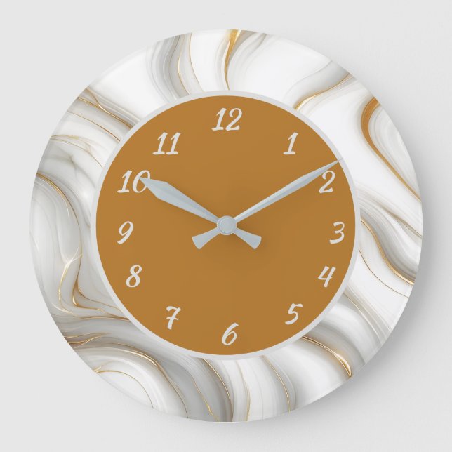 Elegant White Marble & Gold Swirl Abstract  Large Clock (Front)