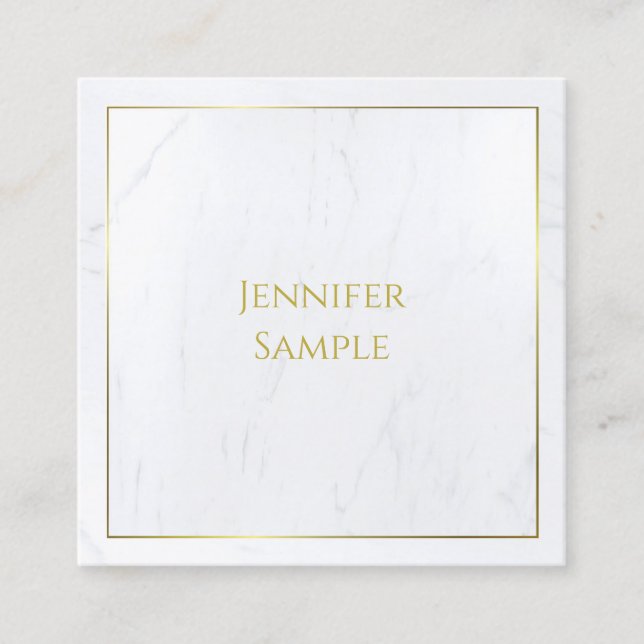 Elegant White Marble Gold Text Modern Luxurious Square Business Card (Front)