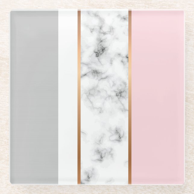 Elegant White Marble Grey Pink Glass Coaster (Front)
