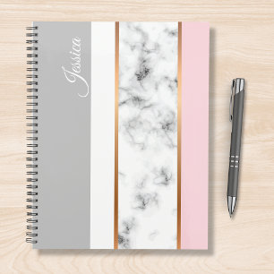 Elegant White Marble Grey Pink Personalised Name Planner