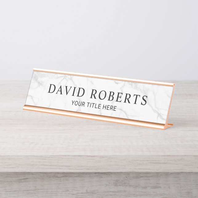 Elegant White Marble Minimalist Desk Name Plate (Front)