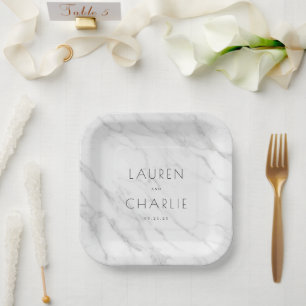 Elegant White Marble Names Paper Plate
