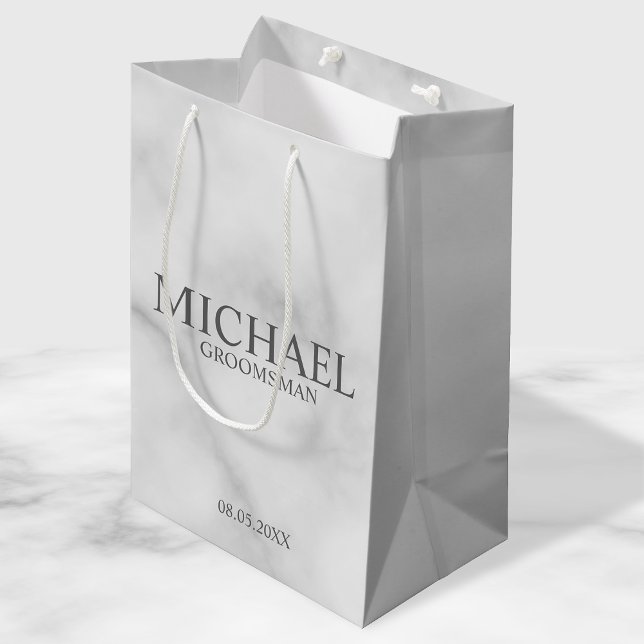 Elegant White Marble Personalised Groomsmen Medium Gift Bag (Creator Uploaded)