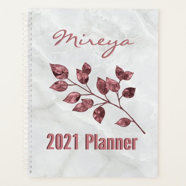 Elegant White Marble Pink Foil Leaves Personalised Planner (Front)