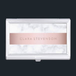 elegant white marble rose gold faux strip business card holder<br><div class="desc">Stylish and modern design featuring faux white marble and faux rose gold strip.</div>