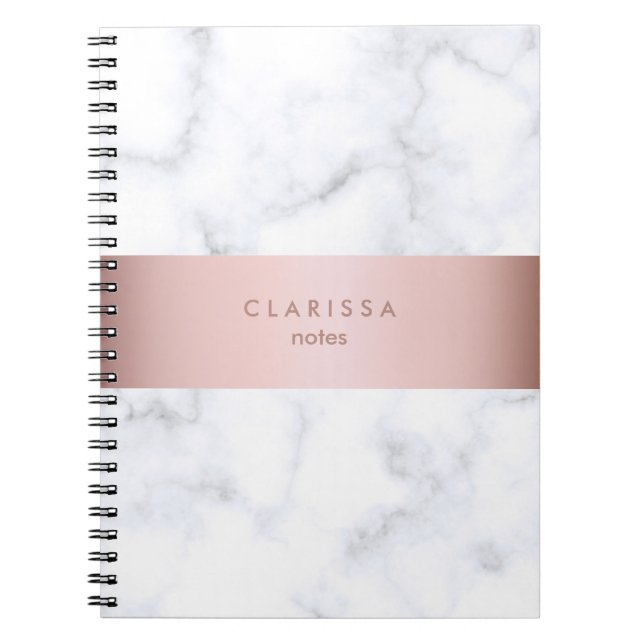 elegant white marble rose gold faux strip notebook (Front)