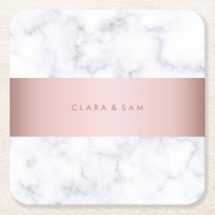 elegant white marble rose gold faux strip square paper coaster