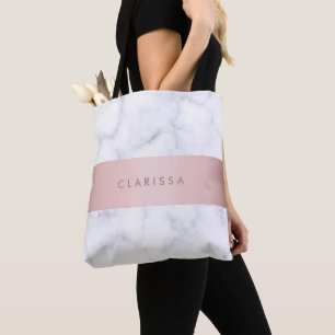 elegant white marble rose gold faux strip tote bag
