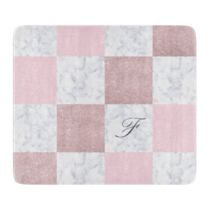 Elegant white marble & rose gold glitter checkered cutting board
