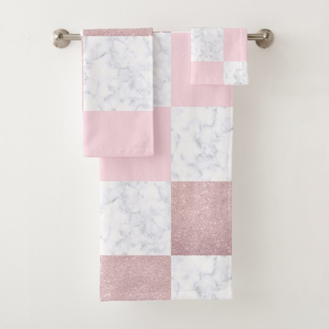 Elegant white marble & rose gold glitter chequered bath towel set (Insitu)