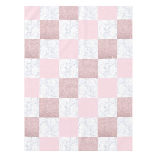 Elegant white marble & rose gold glitter chequered tablecloth (Front)