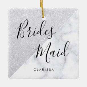 Elegant white marble & silver glitter bridesmaid ceramic ornament