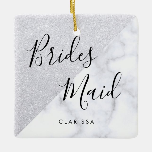 Elegant white marble & silver glitter bridesmaid ceramic ornament (Front)