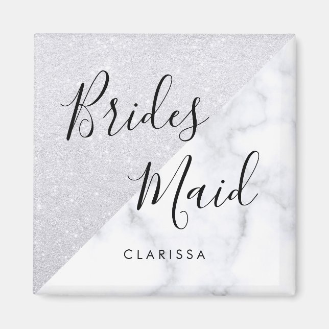 Elegant white marble & silver glitter bridesmaid magnet (Front)