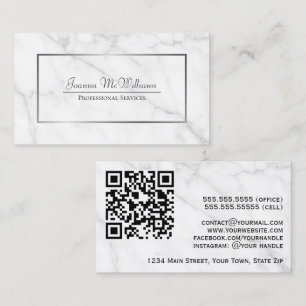 Elegant White Marble & Silver Professional QR Code Business Card