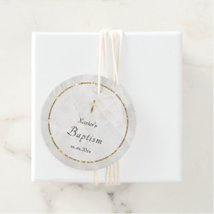 elegant white marble stone Baptism Favour Tags