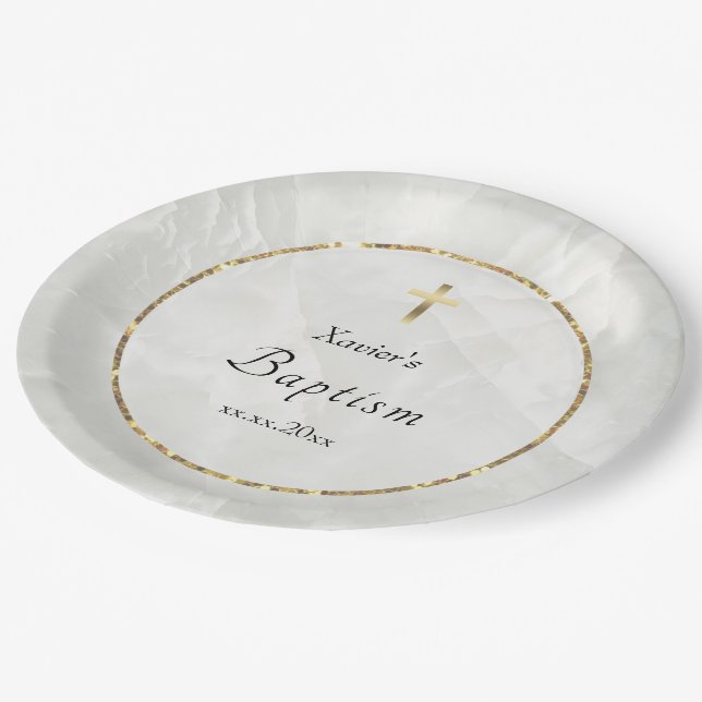 elegant white marble stone Baptism Paper Plate (Angled)