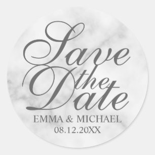 Elegant White Marble Wedding Save the Date Classic Round Sticker