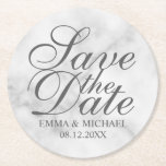 Elegant White Marble Wedding Save the Date Round Paper Coaster<br><div class="desc">Elegant stylish design
featuring title "Save the Date" in grey elegant script font style with name and wedding date in grey classic serif font style on white marble background.</div>