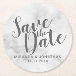 Elegant White Marble Wedding Save the Date Round Paper Coaster<br><div class="desc">Wedding Save the Date Paper Coaster
features title "Save the Date" in grey modern script font with name and date in modern sans serif font on white marble background.</div>
