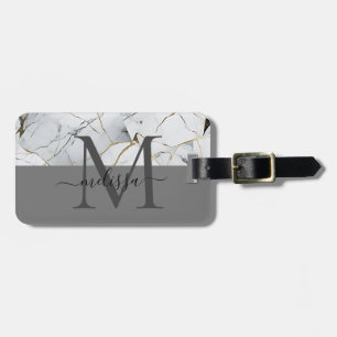 Elegant White Marbled Monogram Name Luggage Tag