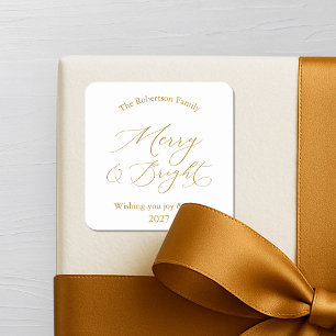 Elegant White “Merry & Bright” Gold Script Square Sticker