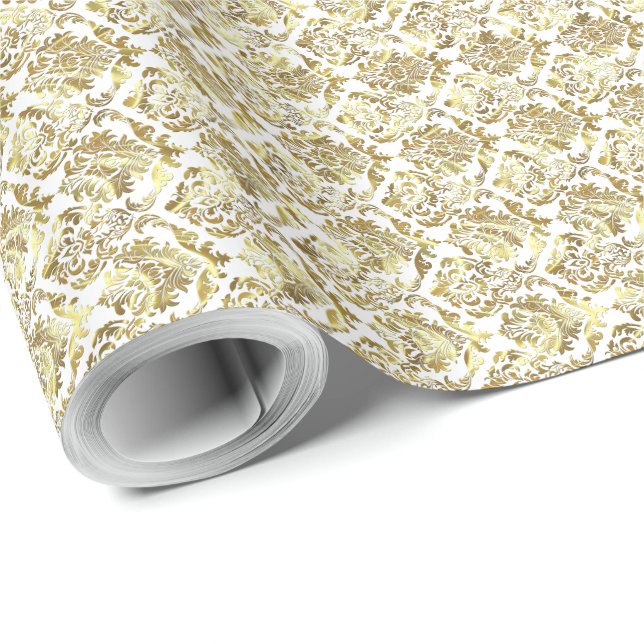 Elegant White & Metallic Gold Floral Damasks 5 Wrapping Paper (Roll Corner)