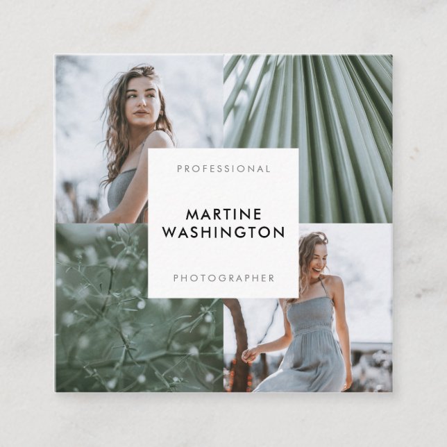 Elegant white minimal photo modern photographer square business card (Front)