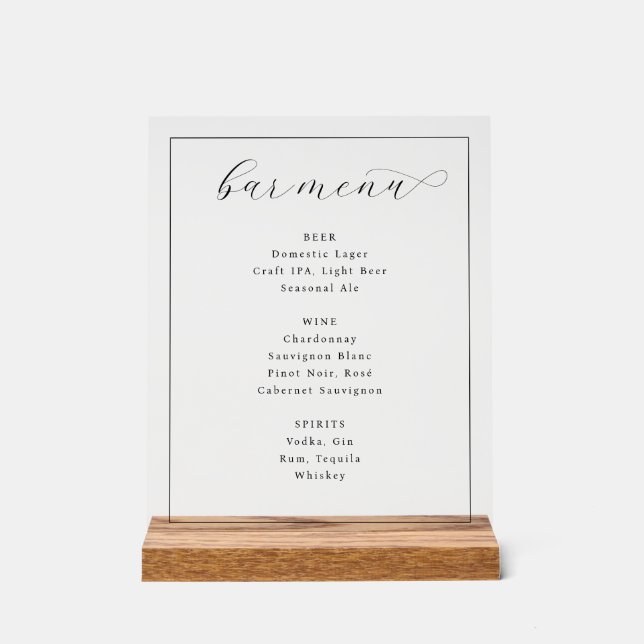 Elegant White Minimalist Bar Menu Acrylic Sign (Front)