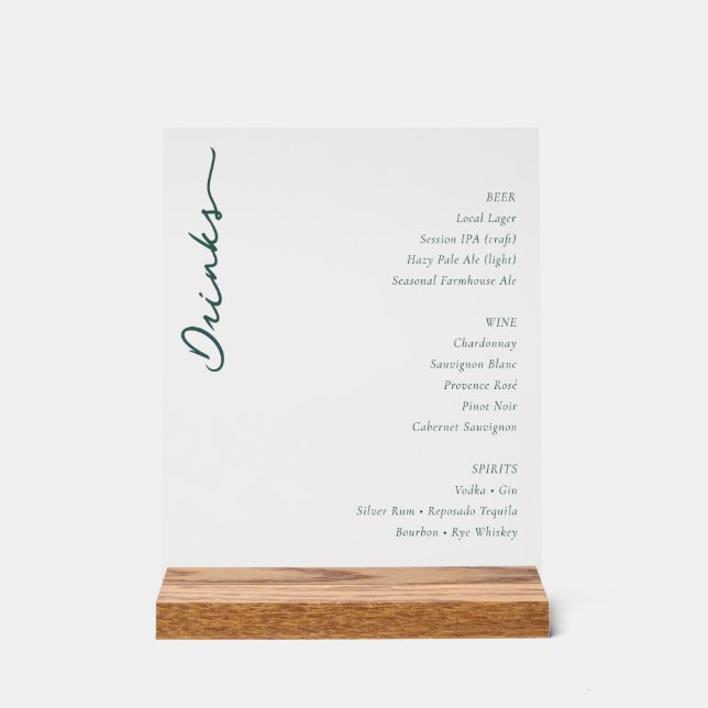 Elegant White Minimalist Beverage Menu Acrylic Sign (Front)