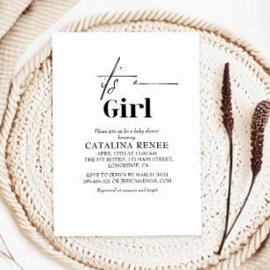 Elegant White Minimalist Its A Girl Baby Shower Invitation