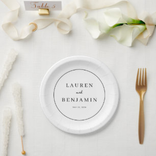 Elegant White Minimalist Names and Date Paper Plate