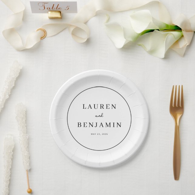 Elegant White Minimalist Names and Date Paper Plate (Wedding)