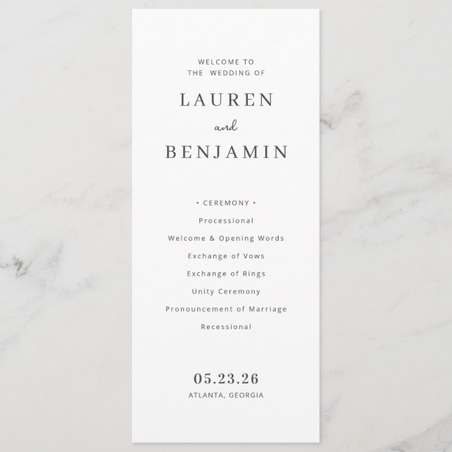 Elegant White Minimalist Wedding Ceremony Schedule Programme (Front)