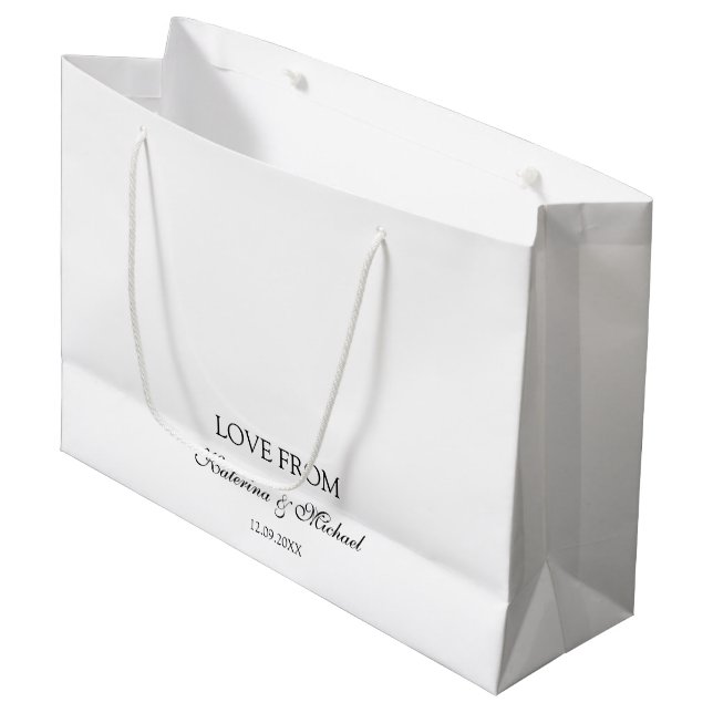 Elegant White Minimalist Wedding Script Gift  Large Gift Bag (Front Angled)