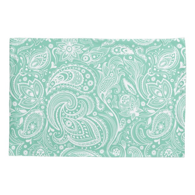 Elegant White & Mint Floral Paisley Pattern Pillowcase (Back)