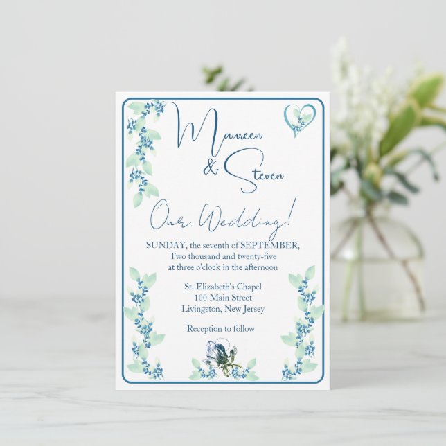 Elegant White, Mint Green, & Blue Floral Wedding Invitation (Standing Front)