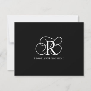 Elegant White Monogram Black Flat Note Card