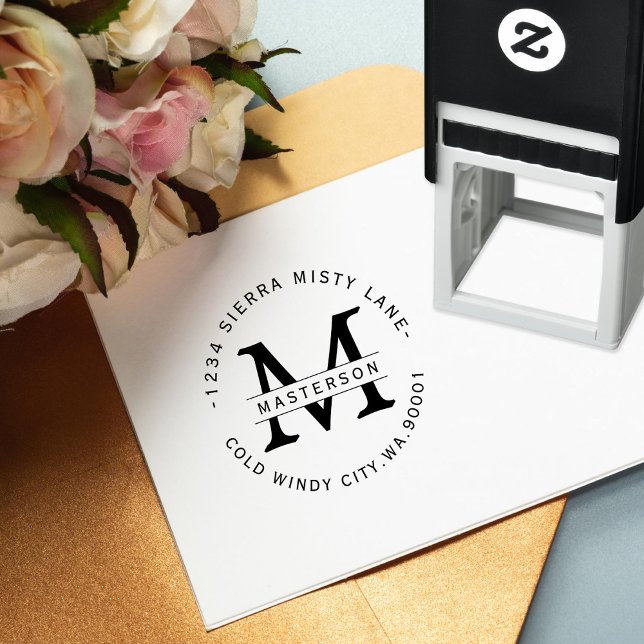 Elegant White Monogram Circular Return Address Self-inking Stamp (Creator Uploaded)