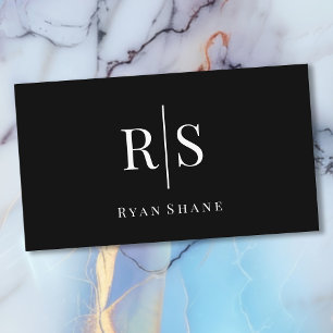 Elegant White Monogram & Name, Black & Silver Business Card
