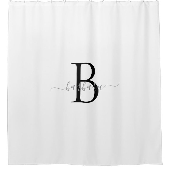 Elegant White Monogram Script Name Shower Curtain (Front)